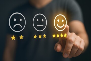 A digital hand points to a happy smiley face, representing excellent customer service feedback in a close-up shot, focusing on the rating stars, with a concept of good experience.