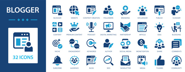 Blogger flat icons collection. Content, community, idea, influencer, media, content creation, followers, branding, podcast, partnership, premium content, blog, monetization, audience, SEO, marketing s