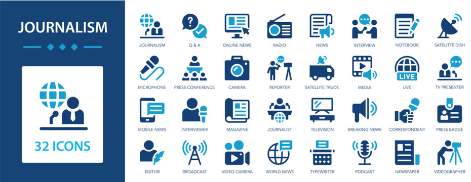 Journalism flat icons collection. News, interviewer, magazine, editor, online news, radio, interview, media, press badge, live, podcast, press conference sign set.
