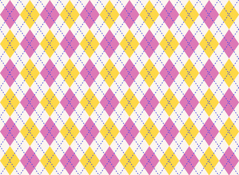 Seamless pastel argyle pattern with pink and yellow diamond shapes. Perfect for textile, stationery, scrapbooking, digital paper, and background designs.