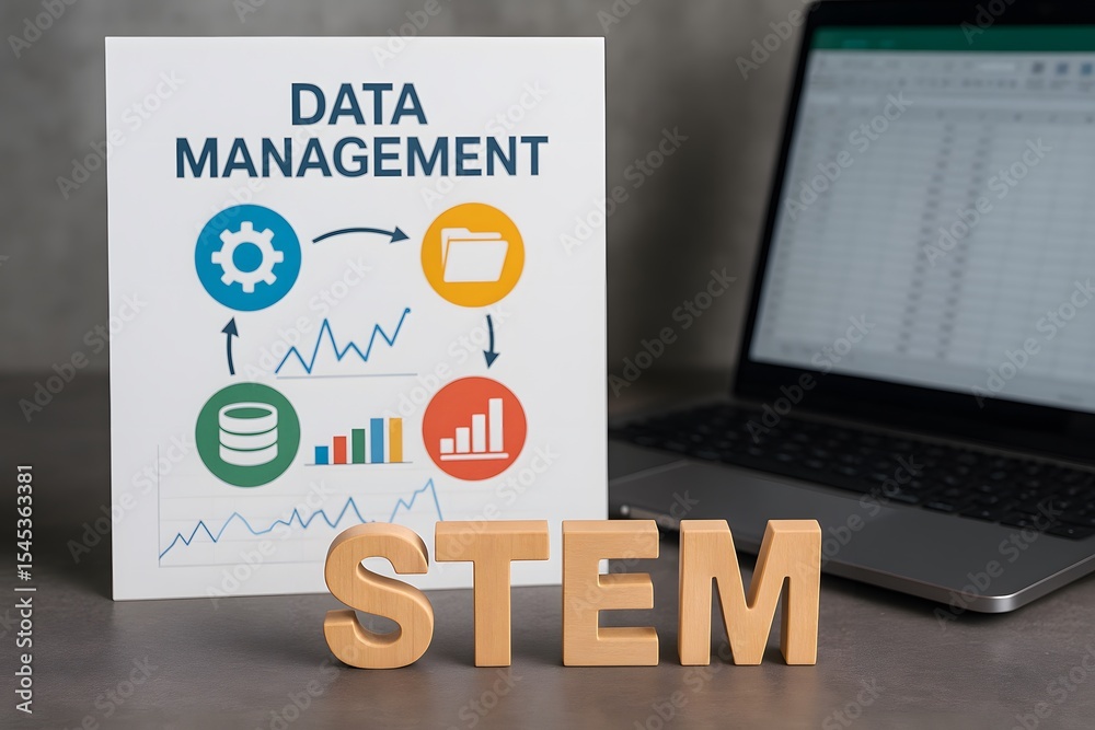 Poster an inspiring conceptual setup showing data management workflow and stem on a digital laptop's screen