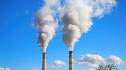 Two smokestacks emit thick white smoke against a vibrant blue sky