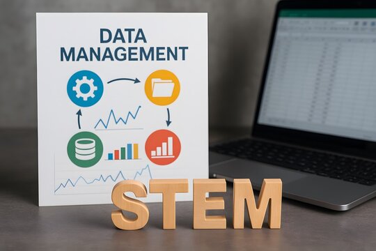 An inspiring conceptual setup showing data management workflow and STEM on a digital laptop's screen, signifying digital transformation. The perfect visual for industry related content. - Powered by Adobe