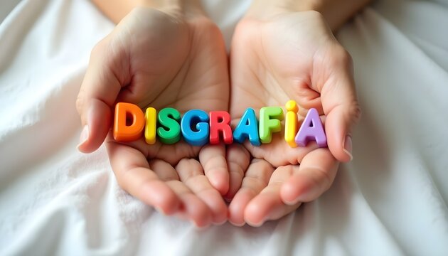 Disgrafia word in Portuguese formed with colorful letters representing writing difficulty awareness and support