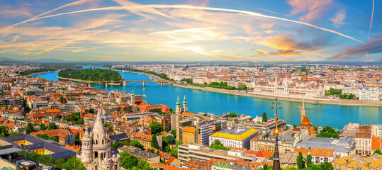 Panoramic aerial view of Budapest with Fisherman's Bastion, Danube River, Margaret Island and Hungarian parliament