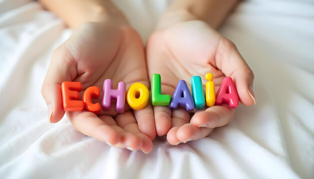Echolalia plastic letters in hands symbolizing speech repetition behavior and communication support in neurodiversity