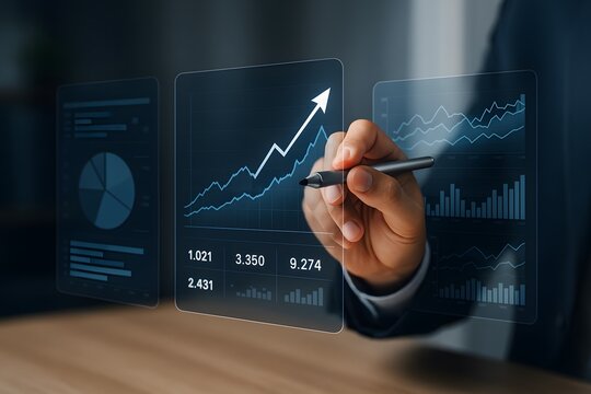 A professional businessman analyzes financial growth charts using a virtual interface, highlighting the rise and advancement of key metrics.