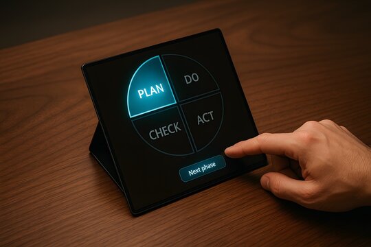A hand interacting with a digital interface displaying the Plan-Do-Check-Act (PDCA) cycle, a central concept in quality management.