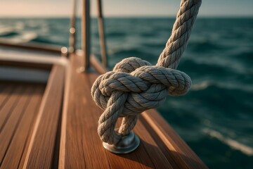Sailing rope tied securely to a cleat on a wooden deck during a calm sunset at sea