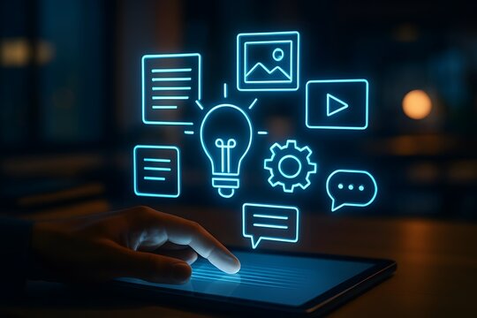 A hand interacts with a glowing tablet, showcasing digital icons representing ideas, content creation, and communication. This image evokes innovation, digital strategy, and creative processes.