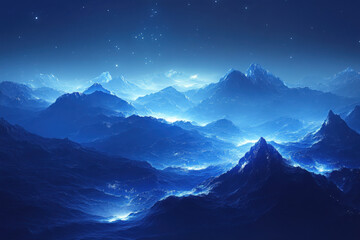 Mountain range silhouetted against starry night sky.