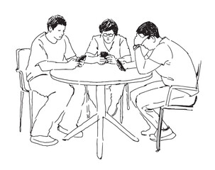 Fototapeta premium Contour drawing of three casual modern male friends sitting at table in summer street cafe and looking at smartphones, realistic hand drawn doodle vector illustration isolated on white