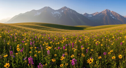 Fototapeta premium Yellow wildflowers bloom across a beautiful mountain meadow under a spring sky