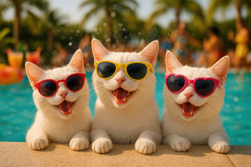 Three White Cats Wearing Colorful Sunglasses Laughing Together At Poolside Summer Party Scene