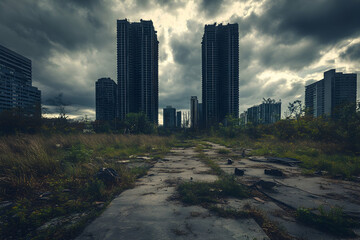 Fototapeta premium Urban decay: abandoned skyscrapers under dramatic clouds in overgrown cityscape