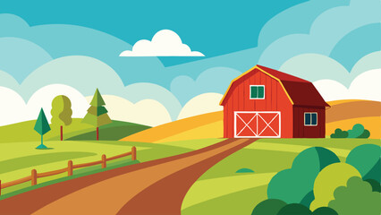 Vector illustration of a red barn farm scene with lush fields and sky