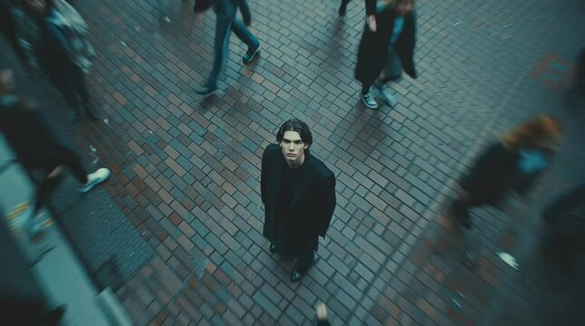 Lost in the Crowd: A solitary figure stands amidst the rushing throng, a poignant image of introspection amidst the city's relentless motion. The somber mood captures a moment of deep contemplation.
