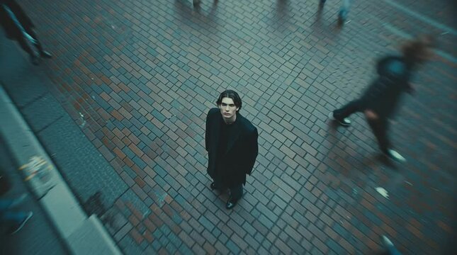 Alone in the Crowd: An individual stands centered amidst a blurred, dynamic street scene, capturing a moment of solitary contemplation amidst the hustle of city life.