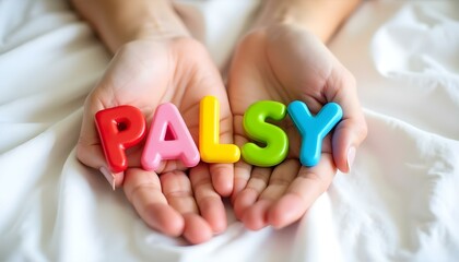 Naklejka premium Palsy plastic letters in hands representing movement impairment awareness and inclusive physical support