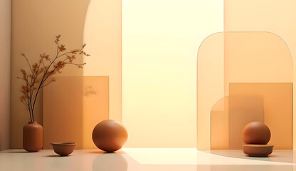 Abstract flatlay of translucent vellum layers in honey and taupe, floating matte geometric shapes, soft shadow play - elegant autumnal workspace concept with negative space
