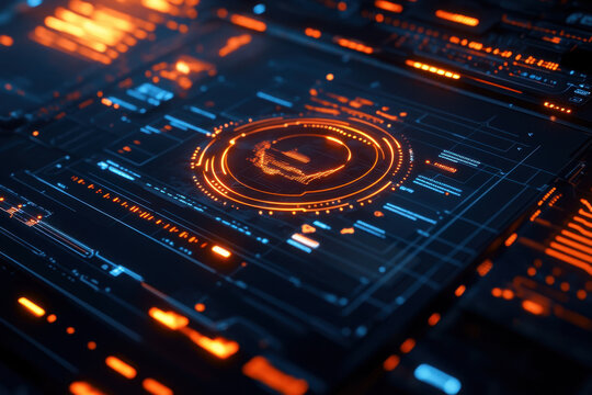 Clock on circuit, glowing lights. Time in digital display. Technology concept.