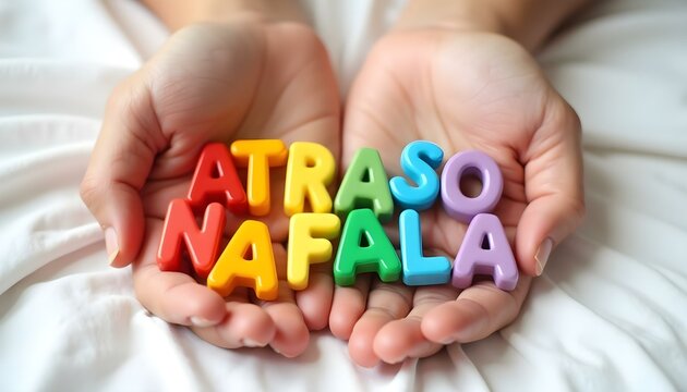 Atraso na fala word in Portuguese formed with colorful letters symbolizing speech delay and early intervention