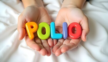 Polio plastic letters in hands representing viral disease awareness and inclusive rehabilitation support