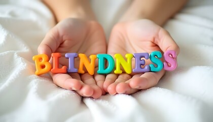Naklejka premium Blindness plastic letters in hands representing visual impairment awareness and inclusive support