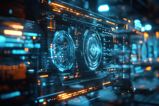 Futuristic interface with glowing lights on a dark background.