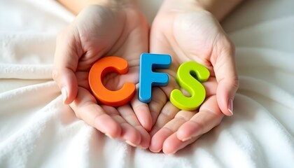 CFS plastic letters in hands representing chronic fatigue syndrome awareness and neurodivergent inclusion