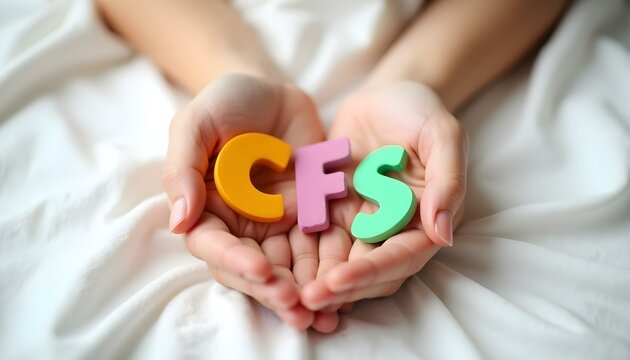 CFS plastic letters in hands representing chronic fatigue syndrome awareness and neurodivergent inclusion
