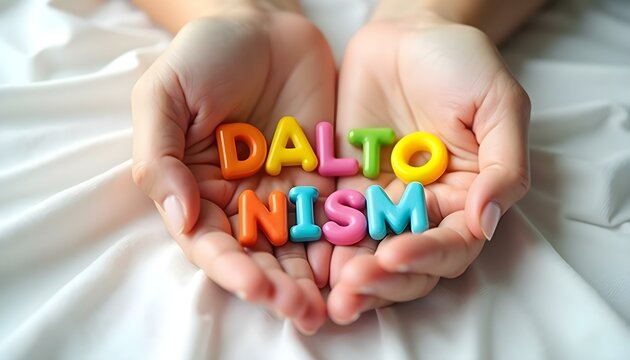 Daltonism plastic letters in hands representing color vision disorder awareness and inclusive education