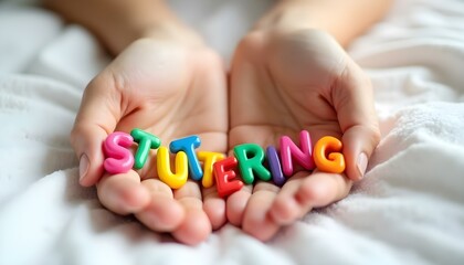Stuttering plastic letters in hands representing speech fluency challenge awareness and inclusive therapy