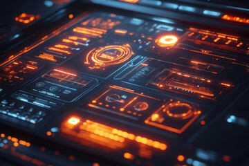 Close up of futuristic interface with glowing lights.