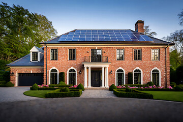 Fototapeta premium Luxury brick house with solar panels, landscaped gardens, and driveway