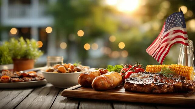Independence Day backyard barbecue with American flag grilled burgers corn tomatoes festive summer table outdoor celebration patriotic family gathering