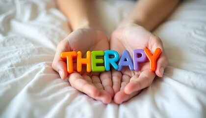 Naklejka premium Therapy plastic letters in hands representing healing support and neurodiversity inclusion