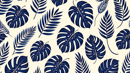 Navy blue tropical monstera and palm leaves seamless pattern