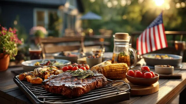 Independence Day backyard barbecue with American flag grilled burgers corn tomatoes festive summer table outdoor celebration patriotic family gathering - Powered by Adobe