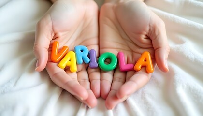 Var&iacute;ola word in Portuguese formed with colorful letters representing smallpox awareness and immunization inclusion