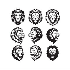 Collection of Nine Distinct Lion Head Illustrations in Black and White, Showcasing Various Expressions and Roaring Poses