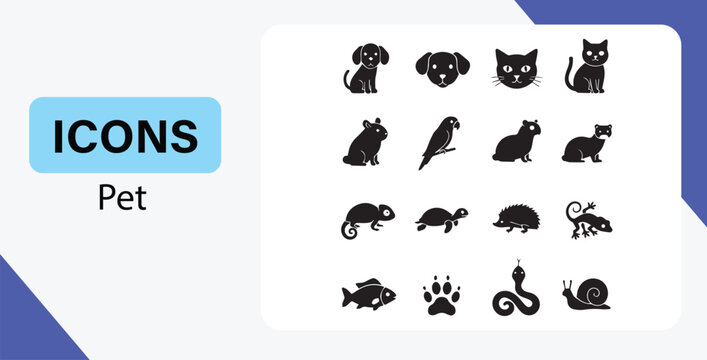 Variety of Animal Silhouettes Showcasing Common Pets and Unique Creatures in Black Icon Form for Pet Designs