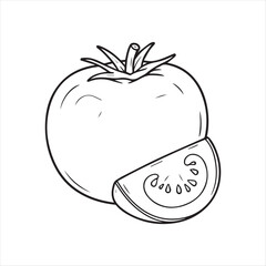 Fresh Tomato with Slice Line Art Illustration for Coloring Books and Educational Materials Depicting Healthy Eating and Gardening