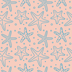 Hand drawn doodle starfish seamless pattern. Abstract vector background of ocean and sea animals. Summer illustration of marine life in line art.