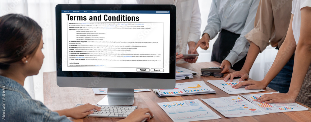 Aufkleber digital legal contract provide terms and conditions document on computer screen ready for online dig