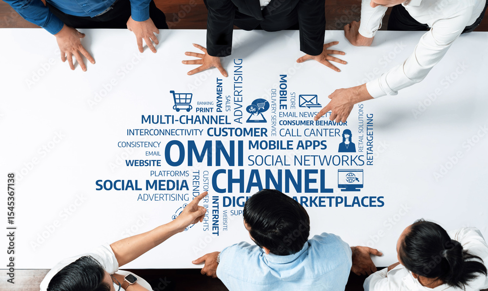 Poster a diverse team collaborates on an omni-channel strategy focused on enhancing customer engagement thr