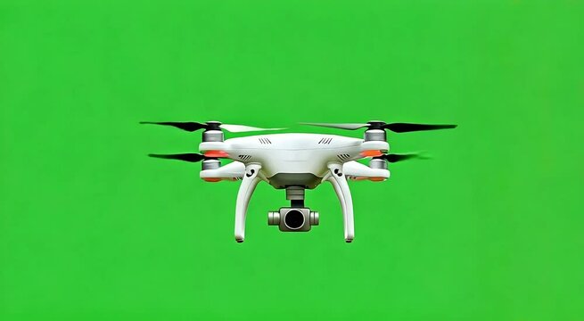 A white drone with a camera is isolated on a green background