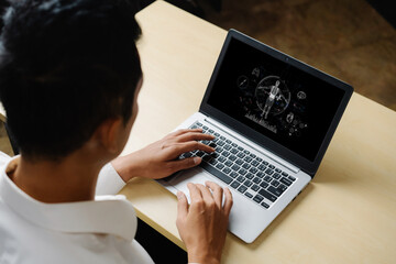 Medical science technology and futuristic healthcare virtual computer software analyze human health...