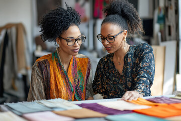 women passionately sewing together, surrounded by colorful fabric and various sewing tools in a cozy, sunlit room.