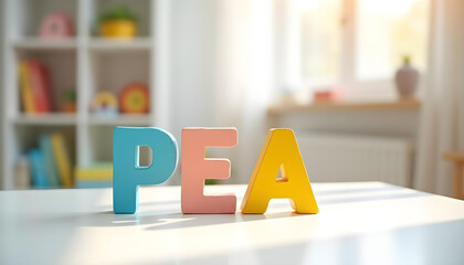 PEA acronym in Portuguese formed with wooden letters representing autism spectrum disorder awareness and neurodiversity inclusion